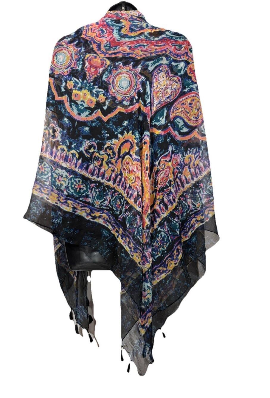 Large Square Scarf Black Pink Blue Floral With Tassels, 51" Paisley Heart Sun